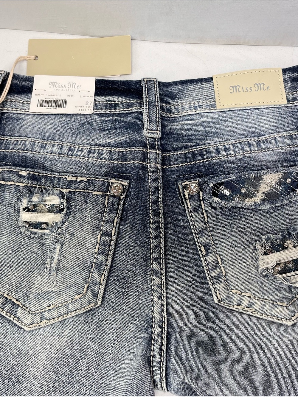 Miss Me Light Blue Distressed Boyfriend Jeans with Sequin Pocket Accents